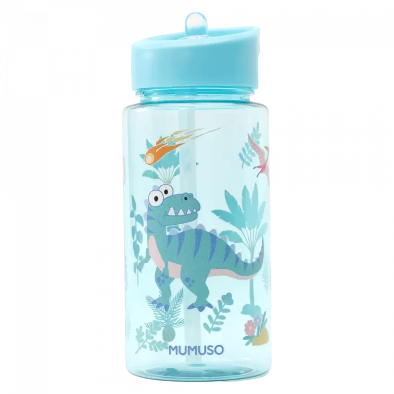 MUMUSO Wasserflasche Kinder, Kunststoff-Trinkflasche mit Dinosaurier und Strohhalm, 500 ml (Blau) – ideal für Schule.