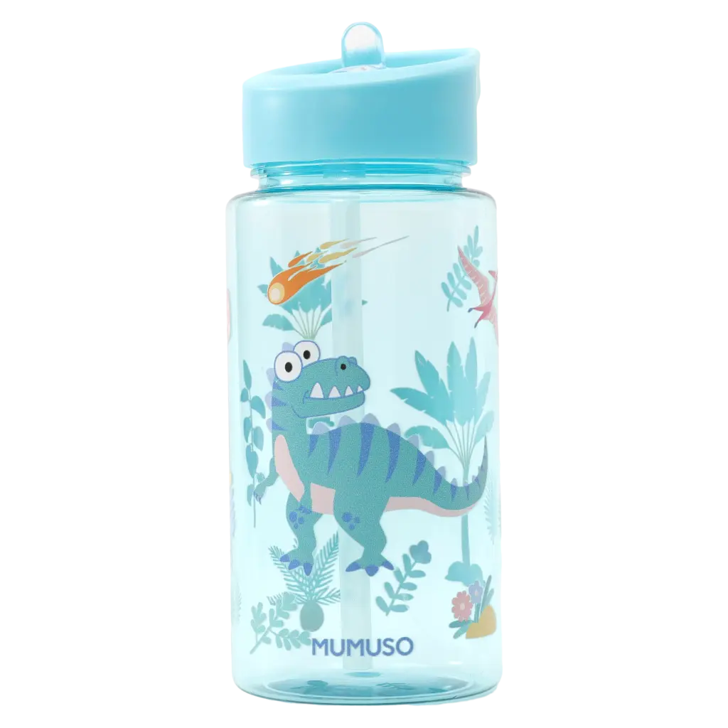 mumuso_kunststoff-trinkflasche_dinosaurier_500ml_blau.webp MUMUSO Wasserflasche Kinder, Kunststoff-Trinkflasche mit Dinosaurier und Strohhalm, 500 ml (Blau) – ideal für Schule.