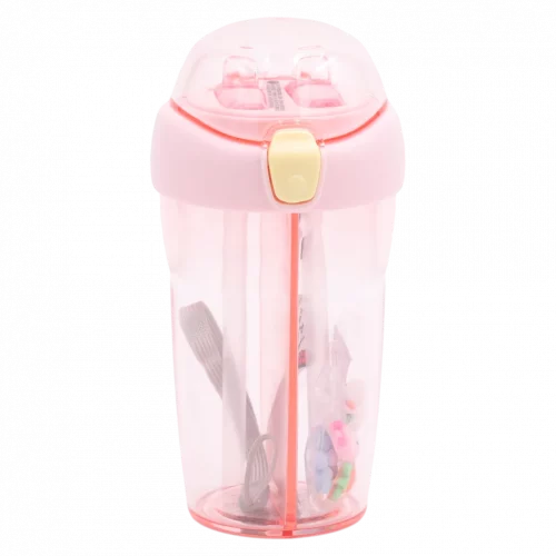 MUMUSO Wasserflasche Kunststoff mit zwei Trinkhalmen, 430 ml (Rosa) – praktische Trinkflasche für Kinder und unterwegs.