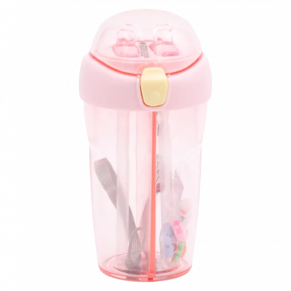 MUMUSO Wasserflasche Kunststoff mit zwei Trinkhalmen, 430 ml (Rosa) – praktische Trinkflasche für Kinder und unterwegs.