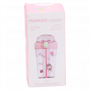 MUMUSO Wasserflasche Kunststoff mit zwei Trinkhalmen, 430 ml (Rosa) – praktische Trinkflasche für Kinder und unterwegs.