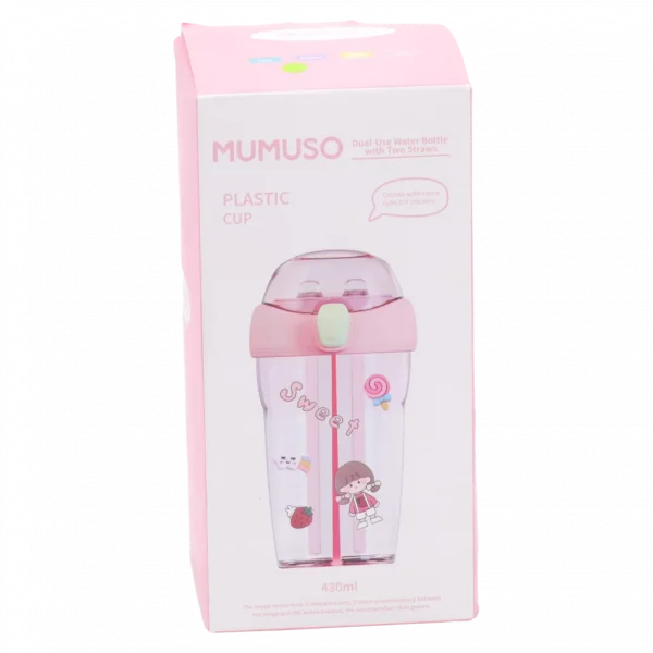 MUMUSO Wasserflasche Kunststoff mit zwei Trinkhalmen, 430 ml (Rosa) – praktische Trinkflasche für Kinder und unterwegs.