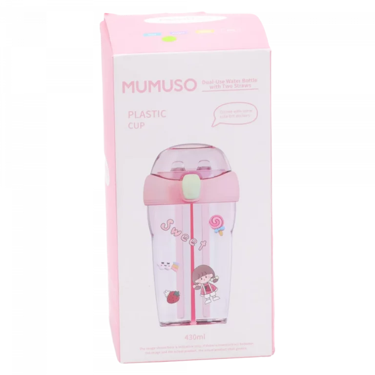 MUMUSO Wasserflasche Kunststoff mit zwei Trinkhalmen, 430 ml (Rosa) – praktische Trinkflasche für Kinder und unterwegs.