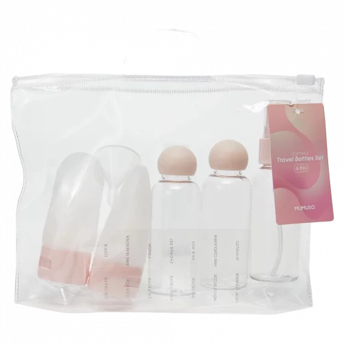 MUMUSO Reiseflaschen Set, 6-teilig im transparenten Beutel (Beige) – praktische Kosmetikflaschen für Reise und Handgepäck.