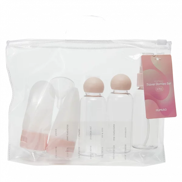 MUMUSO Reiseflaschen Set, 6-teilig im transparenten Beutel (Beige) – praktische Kosmetikflaschen für Reise und Handgepäck.