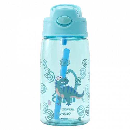 MUMUSO Kunststoff-Trinkflasche mit Strohhalm, 480 ml (Blau) mit Dinosaurier – praktische BPA-freie Kinder Trinkflasche.