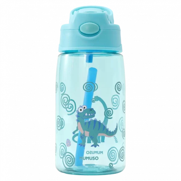 MUMUSO Kunststoff-Trinkflasche mit Strohhalm, 480 ml (Blau) mit Dinosaurier – praktische BPA-freie Kinder Trinkflasche.