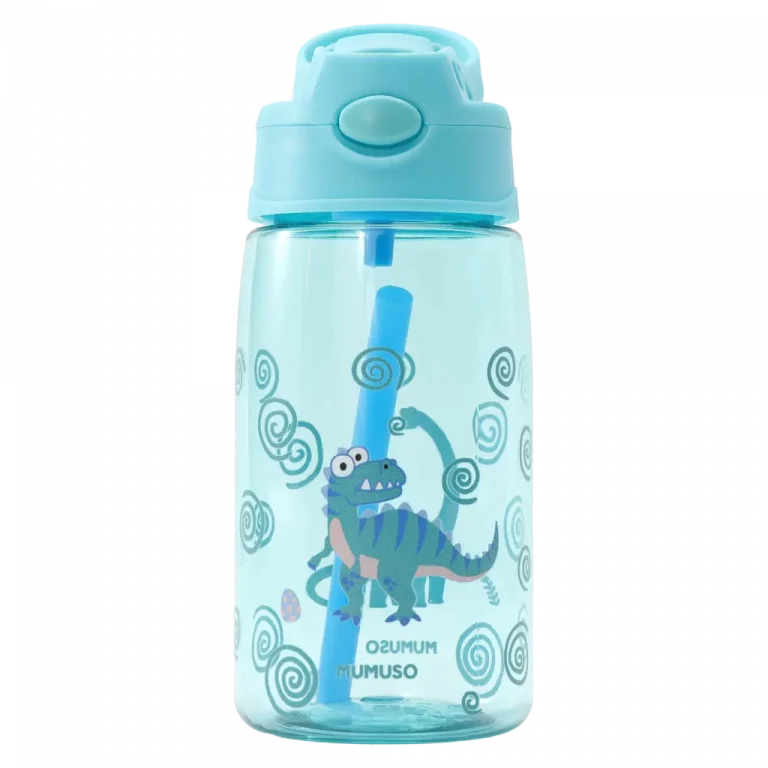 MUMUSO Kunststoff-Trinkflasche mit Strohhalm, 480 ml (Blau) mit Dinosaurier – praktische BPA-freie Kinder Trinkflasche.