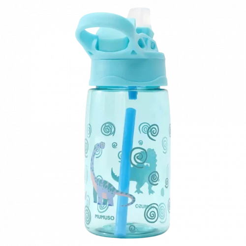 MUMUSO Kunststoff-Trinkflasche mit Strohhalm, 480 ml (Blau) mit Dinosaurier – praktische BPA-freie Kinder Trinkflasche.