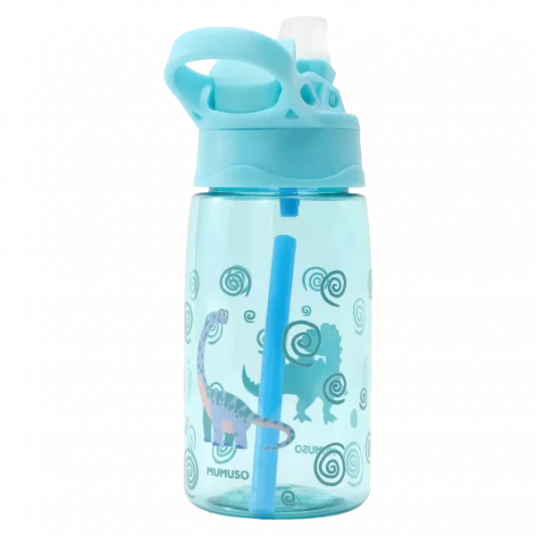 MUMUSO Kunststoff-Trinkflasche mit Strohhalm, 480 ml (Blau) mit Dinosaurier – praktische BPA-freie Kinder Trinkflasche.