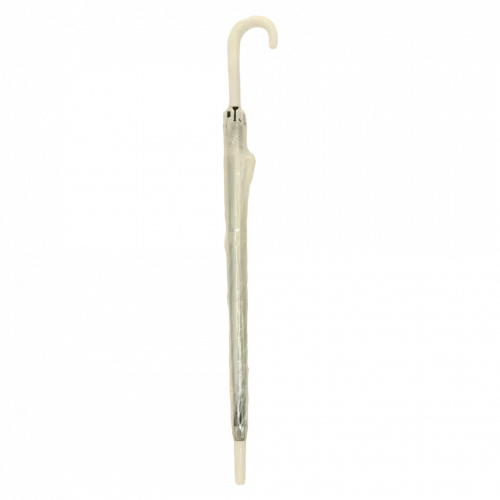 MUMUSO Langgriff-Regenschirm transparent mit Fiberglas-Rippen und J-Griff – stabiler Regenschutz in Weiß.