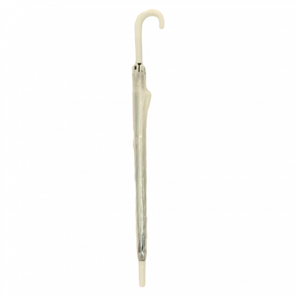 MUMUSO Langgriff-Regenschirm transparent mit Fiberglas-Rippen und J-Griff – stabiler Regenschutz in Weiß.