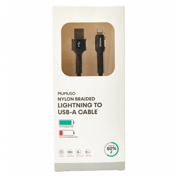 MUMUSO Lightning-auf-USB-A-Kabel, 3 m, schwarzes Nylon-Ladekabel für iPhone – robustes Kabel, langlebig und reißfest.