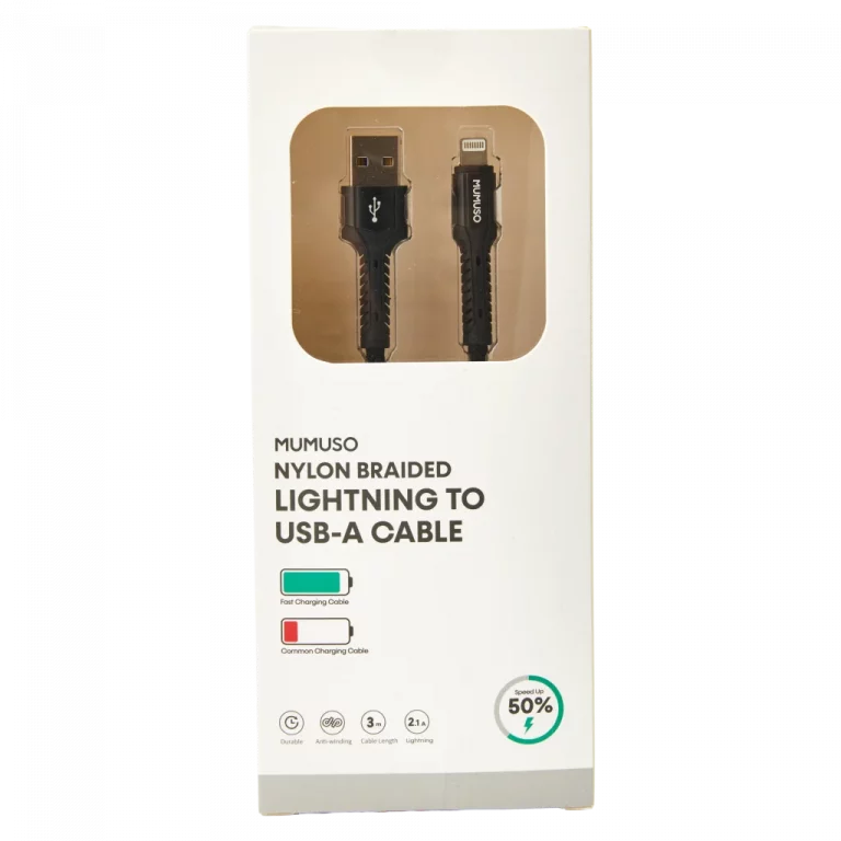 MUMUSO Lightning-auf-USB-A-Kabel, 3 m, schwarzes Nylon-Ladekabel für iPhone – robustes Kabel, langlebig und reißfest.