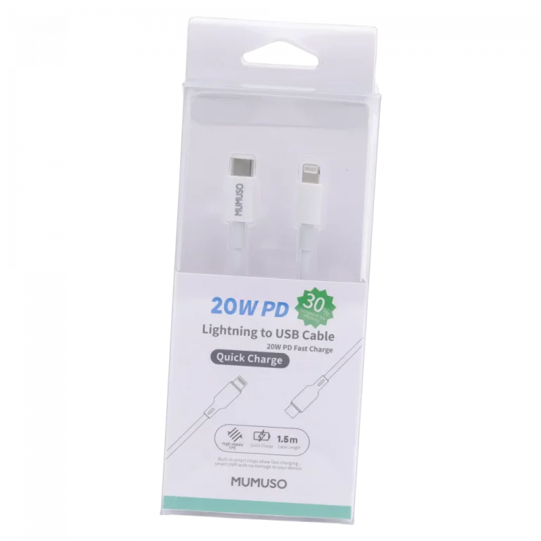 MUMUSO Lightning-zu-USB-Kabel aus TPE, 1,5 m (Weiß) – robustes Schnellladekabel für iPhone mit 20W PD Unterstützung.