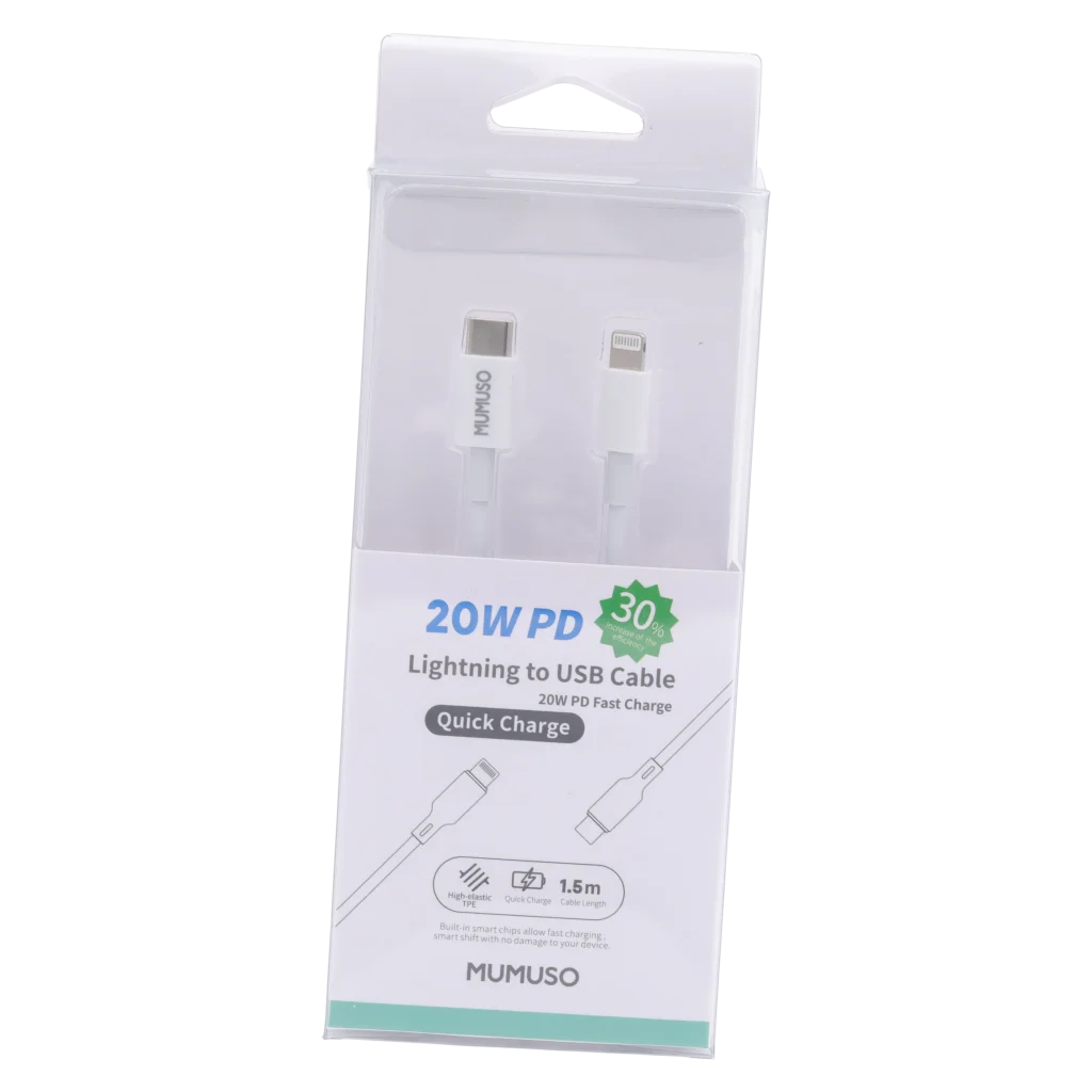 MUMUSO Lightning-zu-USB-Kabel aus TPE, 1,5 m (Weiß) – robustes Schnellladekabel für iPhone mit 20W PD Unterstützung.