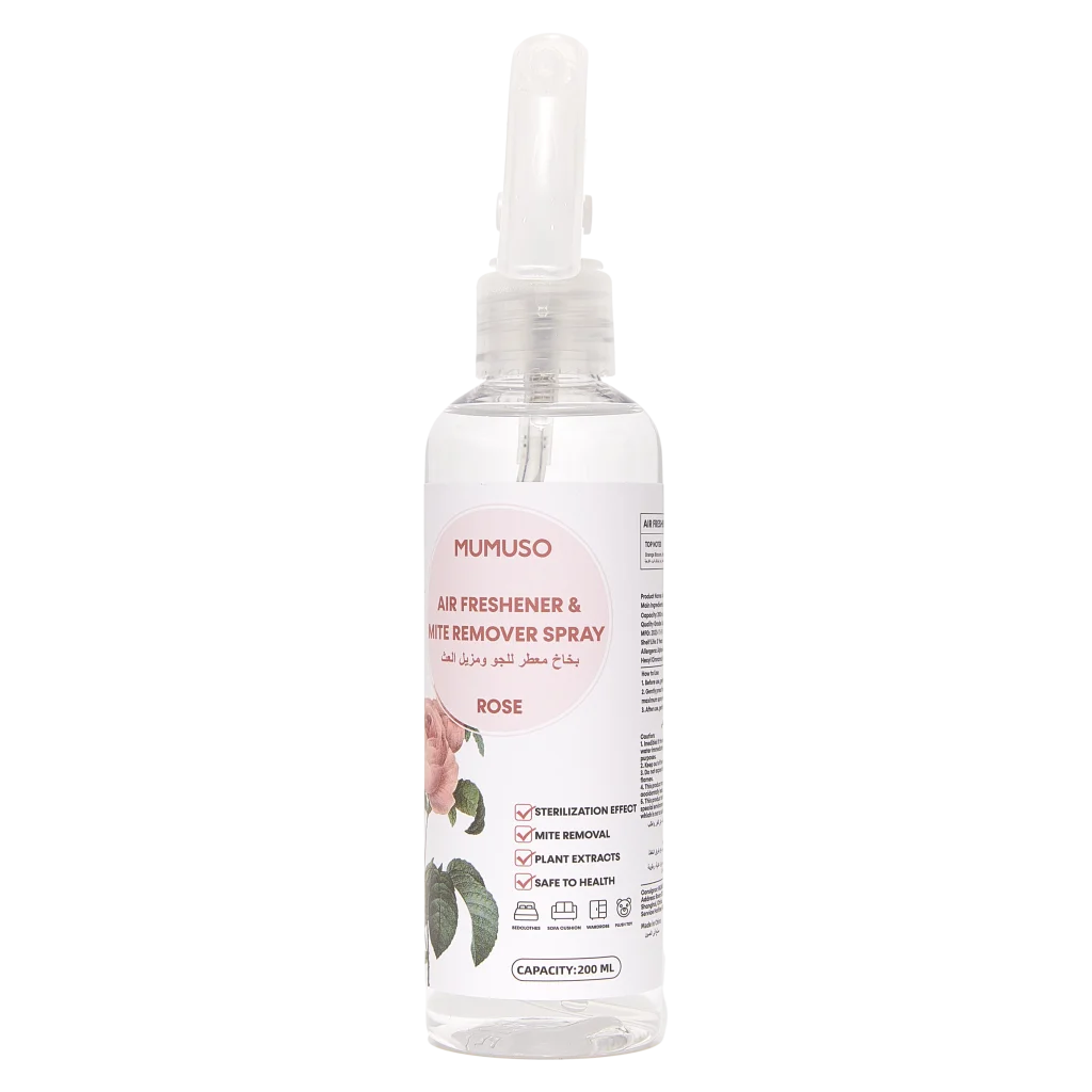mumuso_lufterfrischer_milbenentferner_spray_200ml_rose.webp MUMUSO Lufterfrischer & Milbenentferner Spray, 200 ml mit Rosenduft – wirksames Milbenentfernungs-Spray für Allergiker.
