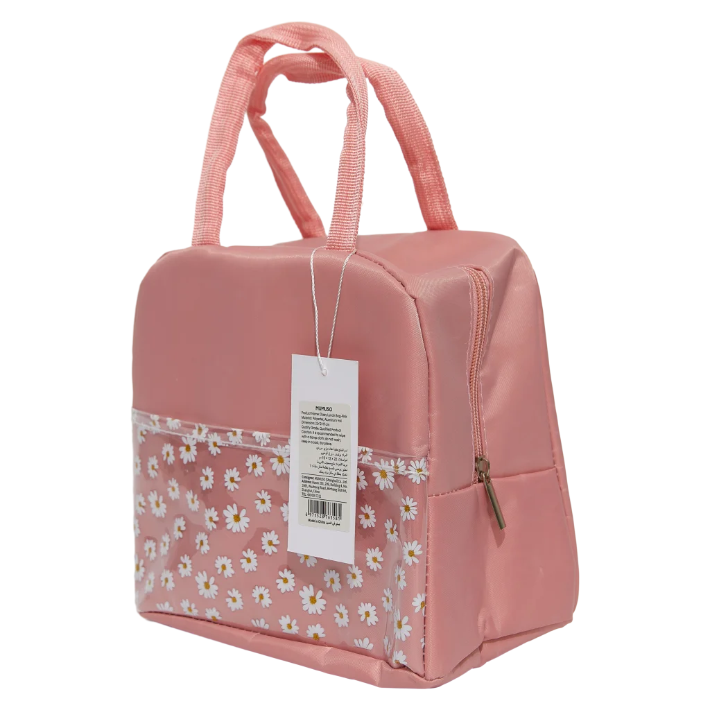 mumuso_lunch_bag_oxford-stoff_blumen_rosa.webp MUMUSO Lunch Bag aus Oxford-Stoff, isoliert, mit Blumenmuster und rosa Farbe – praktische Lunch Tasche für Snacks.