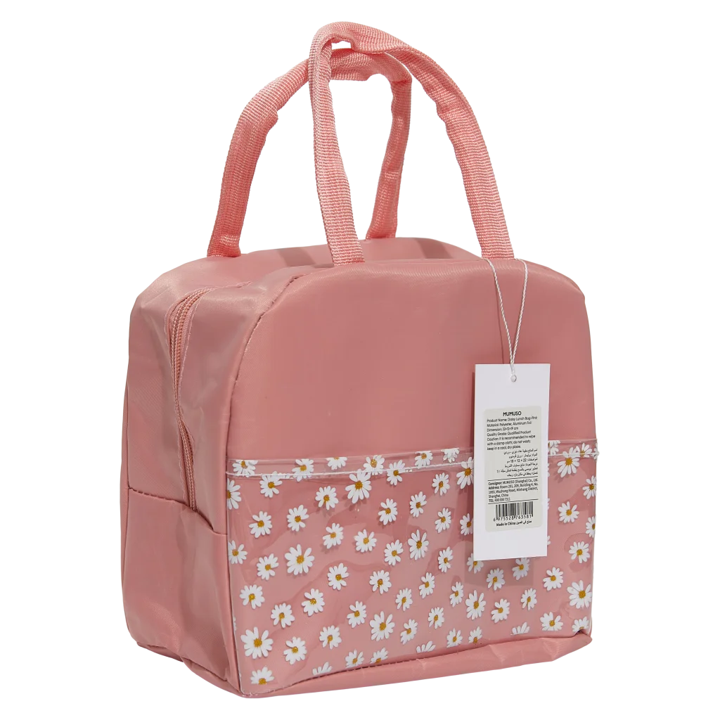 mumuso_lunch_bag_oxford-stoff_blumen_rosa_3.webp MUMUSO Lunch Bag aus Oxford-Stoff, isoliert, mit Blumenmuster und rosa Farbe – praktische Lunch Tasche für Snacks.