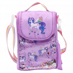 MUMUSO Lunchbag aus Köperstoff für Kinder (Lila) mit Einhorn, ideal für Schule, Brottasche mit Glitzer-Elementen.