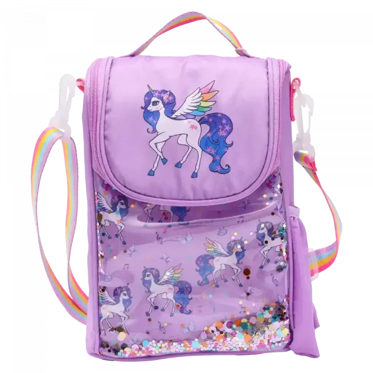 MUMUSO Lunchbag aus Köperstoff für Kinder (Lila) mit Einhorn, ideal für Schule, Brottasche mit Glitzer-Elementen.