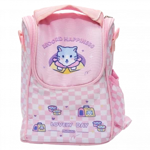 MUMUSO Lunchbag aus Polyester-Baumwolle für Kinder, rosa kariert mit süßer Katze – ideal für Snacks unterwegs.