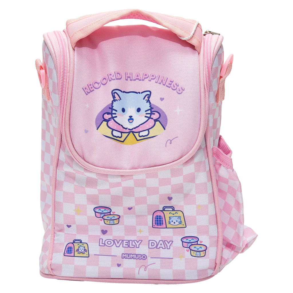 MUMUSO Lunchbag aus Polyester-Baumwolle für Kinder, rosa kariert mit süßer Katze – ideal für Snacks unterwegs.
