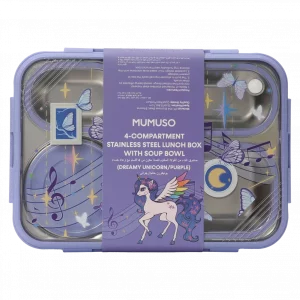 MUMUSO Lunchbox aus Edelstahl mit 4 Fächern und Suppenschale, lila mit Einhorn und Schmetterling, für Kinder.