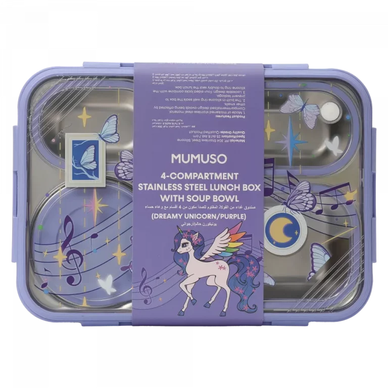 MUMUSO Lunchbox aus Edelstahl mit 4 Fächern und Suppenschale, lila mit Einhorn und Schmetterling, für Kinder.