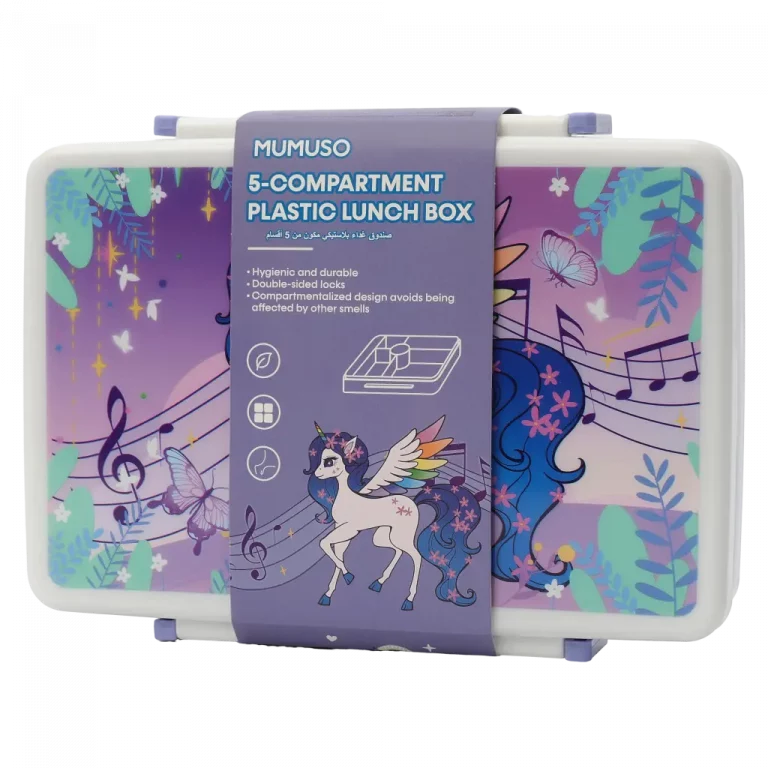 MUMUSO Lunchbox aus Kunststoff mit 5 Fächern und Einhorn, lila – praktische Brotdose für Kinder und Schule.
