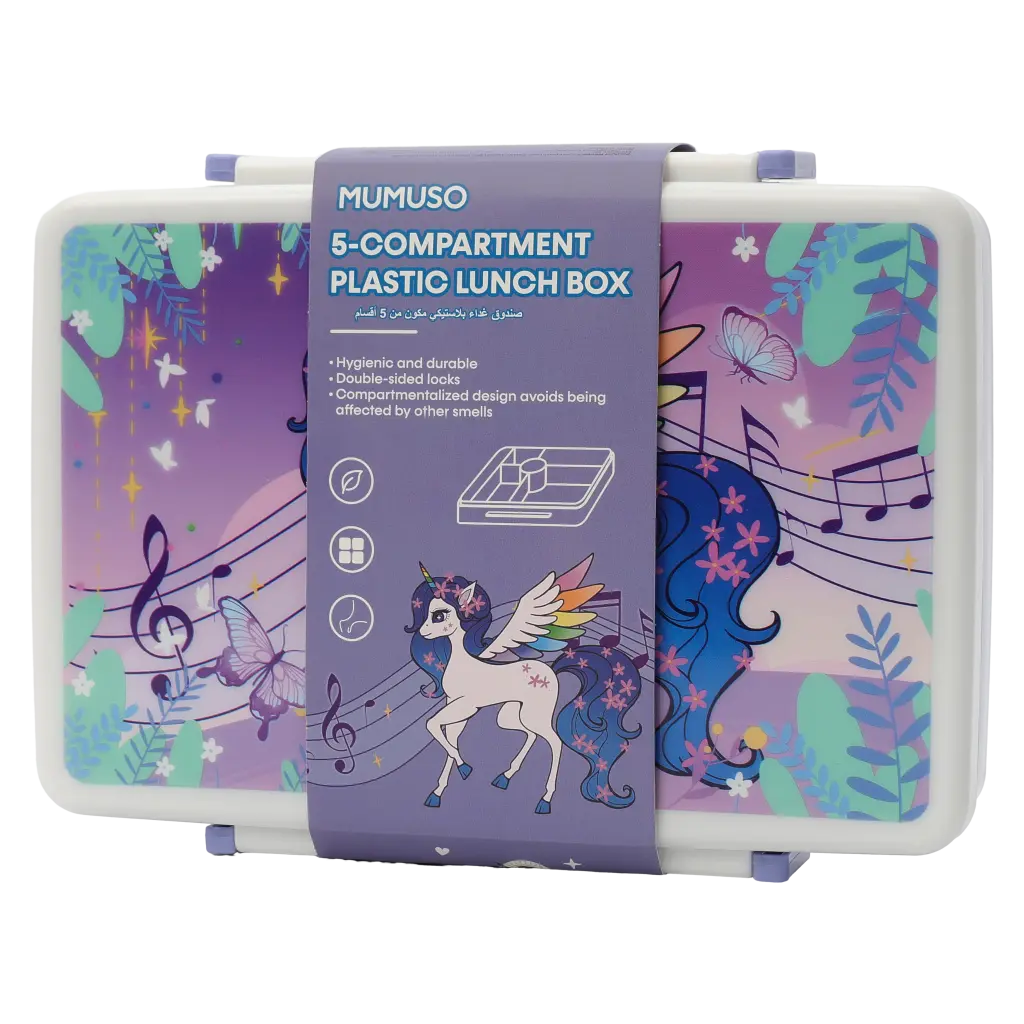 mumuso_lunchbox_kunststoff_5faecher_einhorn_lila.webp MUMUSO Lunchbox aus Kunststoff mit 5 Fächern und Einhorn, lila – praktische Brotdose für Kinder und Schule.