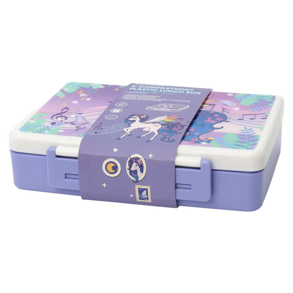 mumuso_lunchbox_kunststoff_5faecher_einhorn_lila_2.webp MUMUSO Lunchbox aus Kunststoff mit 5 Fächern und Einhorn, lila – praktische Brotdose für Kinder und Schule.