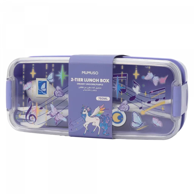 MUMUSO Lunchbox mit Einhorn, 2-stöckig aus Kunststoff, 750 ml (Lila) – praktische Lunchbox für Kinder und Schule.