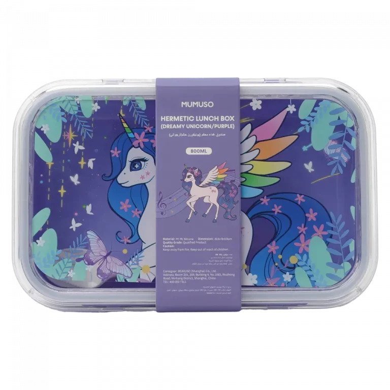 MUMUSO Lunchbox für Kinder, 800 ml, lila aus Kunststoff mit Einhorn, praktische Brotdose für Schule und unterwegs.