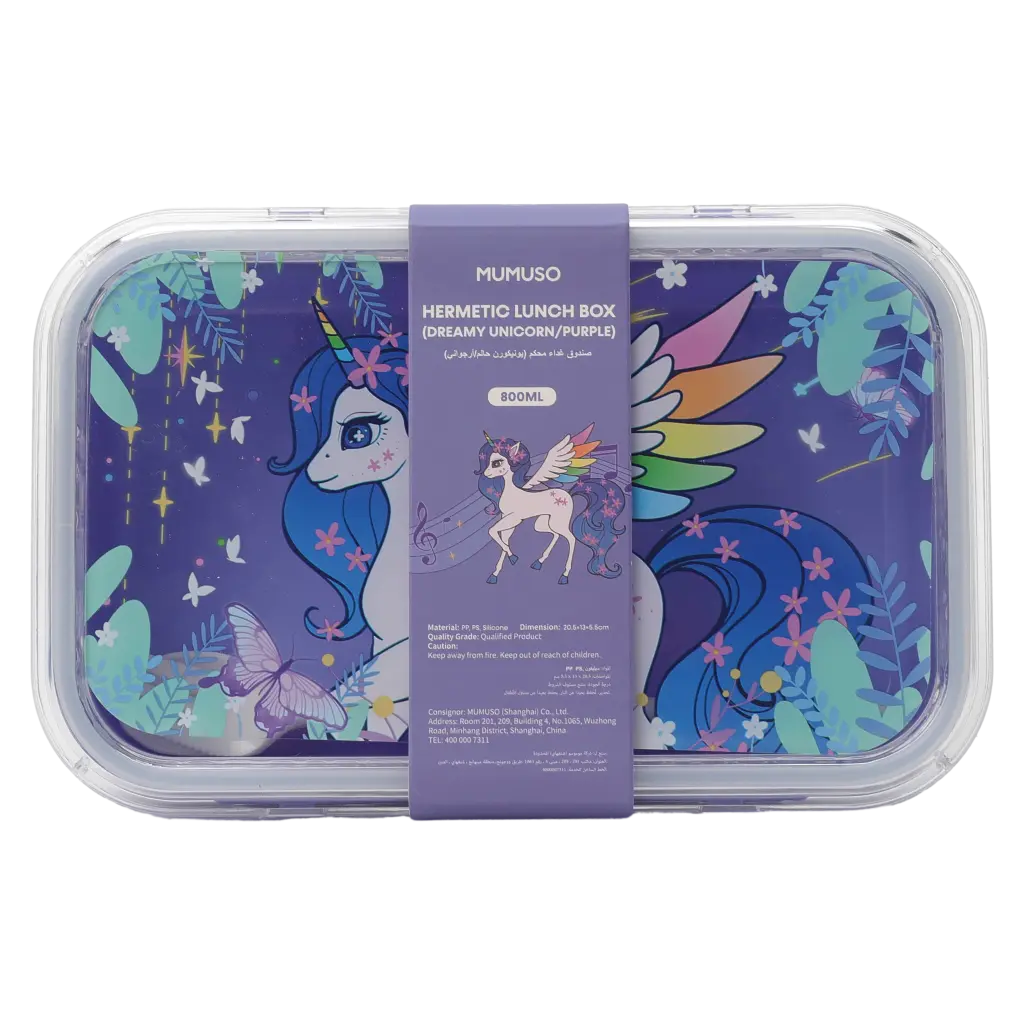 MUMUSO Lunchbox für Kinder, 800 ml, lila aus Kunststoff mit Einhorn, praktische Brotdose für Schule und unterwegs.