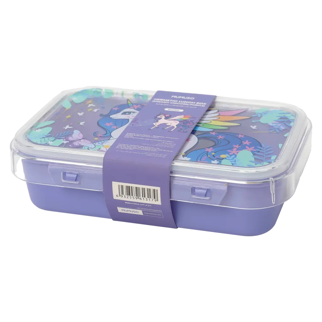 mumuso_lunchbox_kunststoff_einhorn_800ml_lila_2.webp MUMUSO Lunchbox für Kinder, 800 ml, lila aus Kunststoff mit Einhorn, praktische Brotdose für Schule und unterwegs.