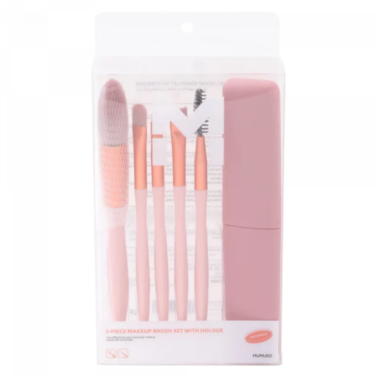 MUMUSO 5-teiliges Make-up-Pinselset mit Etui, Rosa – vielseitiges Schminkpinsel-Set für Gesicht, Augen und Lippen.