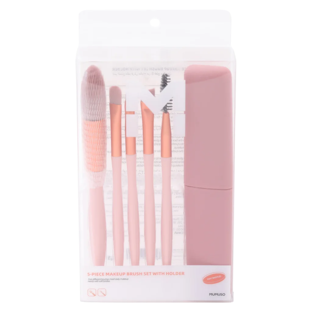 mumuso_make-up-pinselset_5-teilig_etui_rosa.webp MUMUSO 5-teiliges Make-up-Pinselset mit Etui, Rosa – vielseitiges Schminkpinsel-Set für Gesicht, Augen und Lippen.