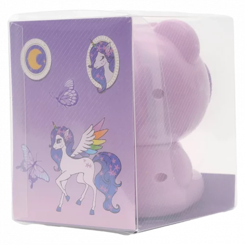 MUMUSO manueller Bleistiftspitzer in Bärenform mit Einhorn, auffangbehälter und lila Gehäuse – optimal für Kinder.