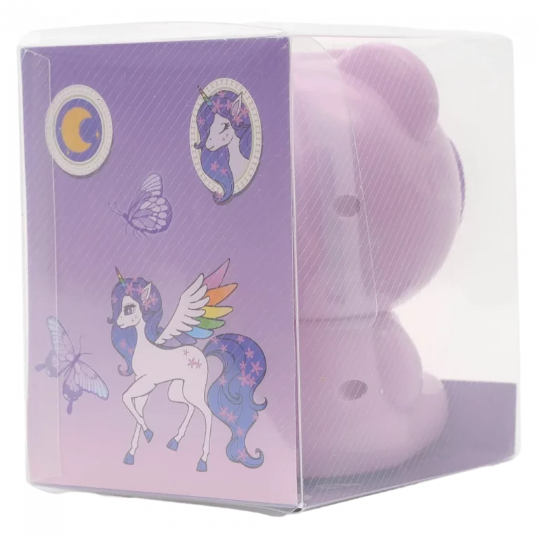MUMUSO manueller Bleistiftspitzer in Bärenform mit Einhorn, auffangbehälter und lila Gehäuse – optimal für Kinder.