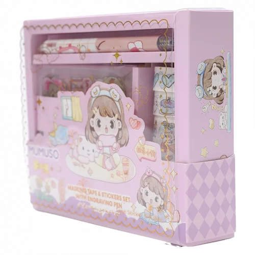 MUMUSO Masking Tape & Sticker Set aus PET mit Gravurstift, mehrfarbig mit Lovely Girl – kreatives Bastelset für Kinder.