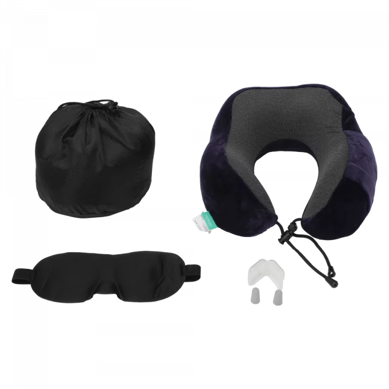 MUMUSO Memory Foam Nackenkissen U-Form Set mit Augenmaske und Ohrstöpseln, Navy Blau – ergonomisches Reise Nackenkissen.