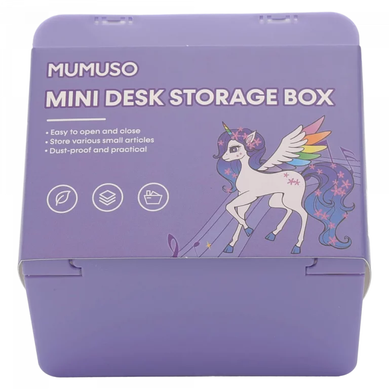 MUMUSO Mini-Aufbewahrungsbox aus PP in Lila mit Einhorn – praktische Aufbewahrungslösung für Schreibtisch und Kinderzimmer.