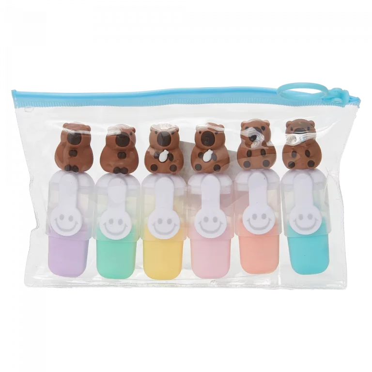 MUMUSO Mini-Textmarker Set mit Capybara, 6 Farben für Schule oder Büro – kompakte Highlighter in praktischer Tasche.