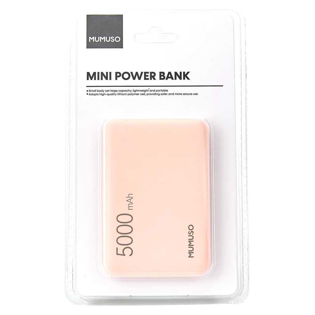 mumuso_mini_powerbank_5000mah_abs-pc_rosa.webp MUMUSO Mini Powerbank, 5000 mAh, aus ABS+PC in Rosa – kompakter externer Akku für mobiles Aufladen unterwegs.