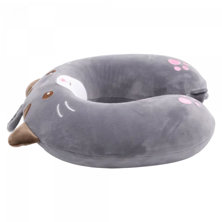 MUMUSO Nackenkissen U-Form mit Memory Foam, grau, mit Katze – ergonomisches Reisekissen für unterwegs.