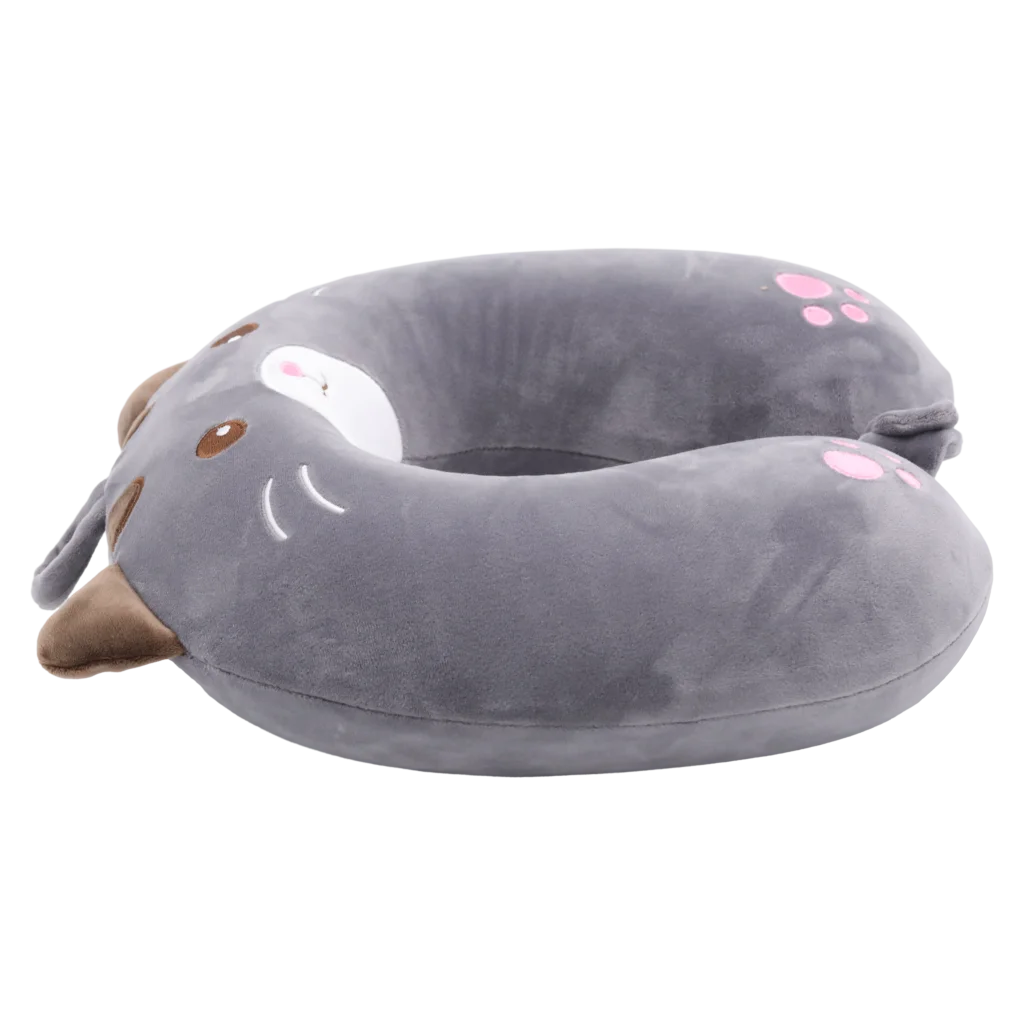 MUMUSO Nackenkissen U-Form mit Memory Foam, grau, mit Katze – ergonomisches Reisekissen für unterwegs.