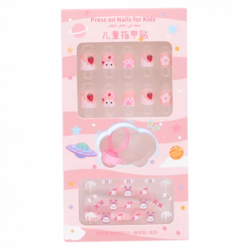 MUMUSO Kinder Nagelfolien in Rosa mit Hasen und Erdbeer-Print – selbstklebende Nagelsticker für Kindernägel, kreativ gestaltbar.
