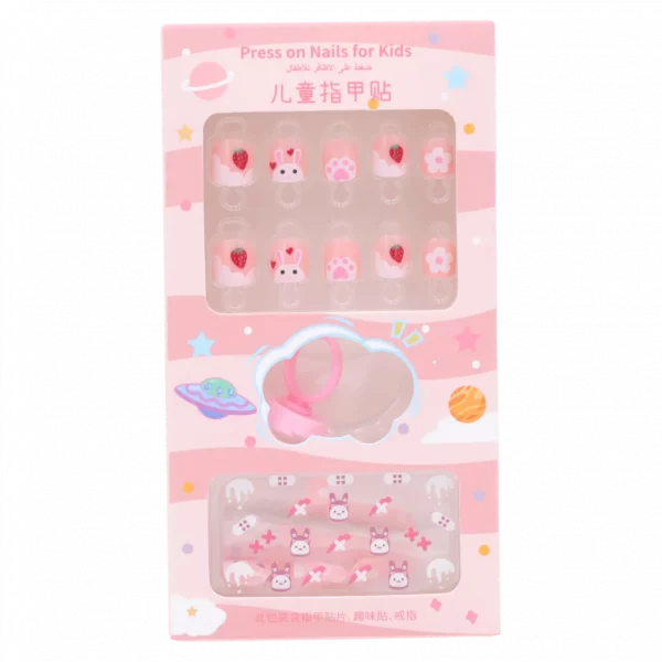 MUMUSO Kinder Nagelfolien in Rosa mit Hasen und Erdbeer-Print – selbstklebende Nagelsticker für Kindernägel, kreativ gestaltbar.