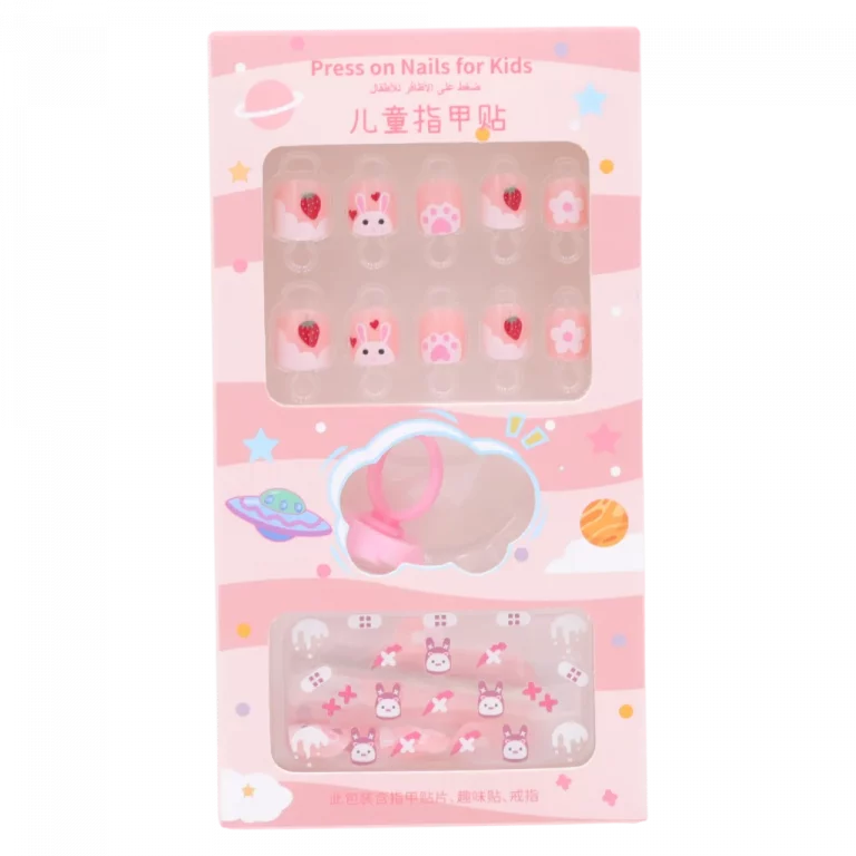 MUMUSO Kinder Nagelfolien in Rosa mit Hasen und Erdbeer-Print – selbstklebende Nagelsticker für Kindernägel, kreativ gestaltbar.